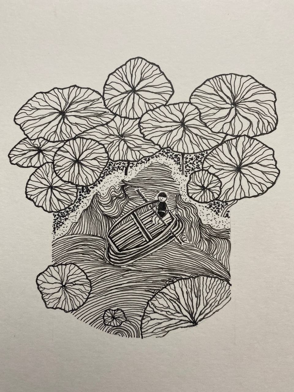 Trees & Ship — fineliner ink pen drawing on paper by jrajanarts, Madurai