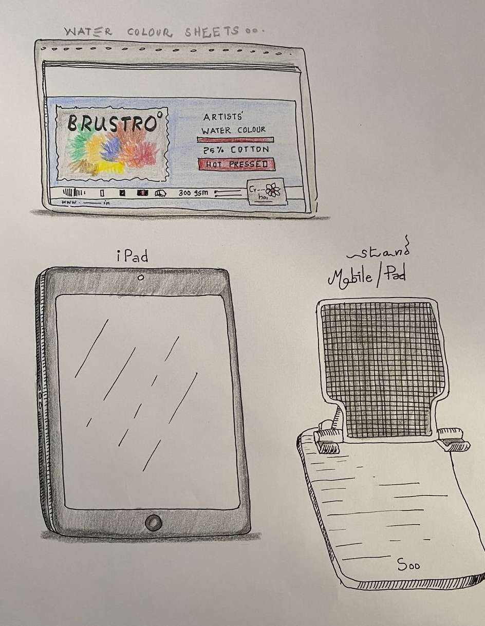 Sketch sheet of watercolour paper, iPad and a mobile / pad stand
