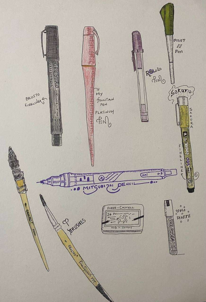 Sketch sheet of jrajanarts' pens, brushes, pencil and eraser