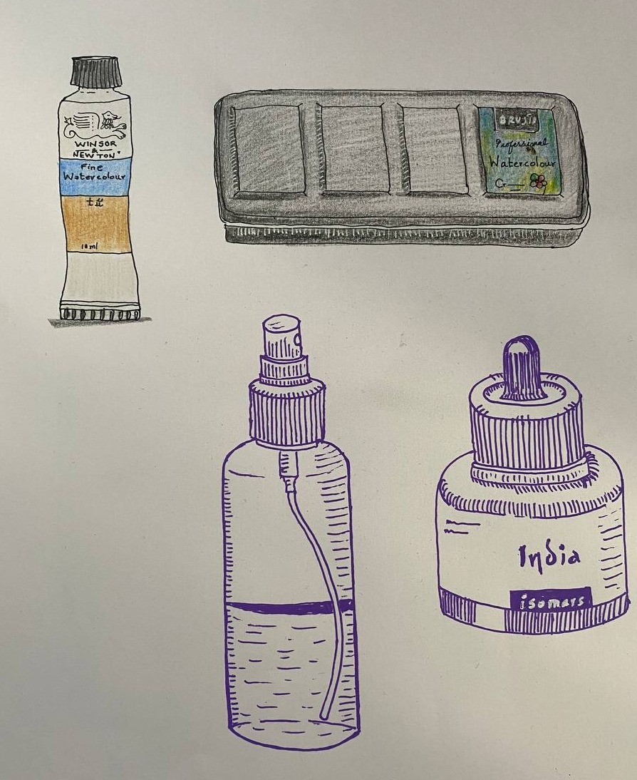 Sketch sheet of watercolour tube, pan set, spray bottle and India ink